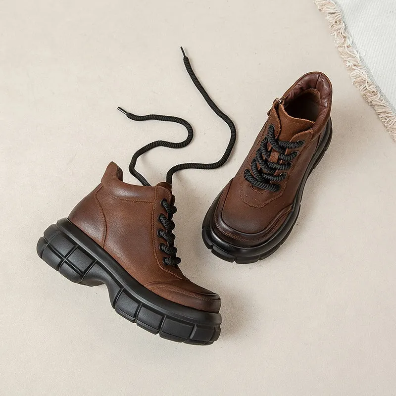 60mm Platform Boots Lace up Leather Martin Boots Round Toe Combat Boots in Brown/Black