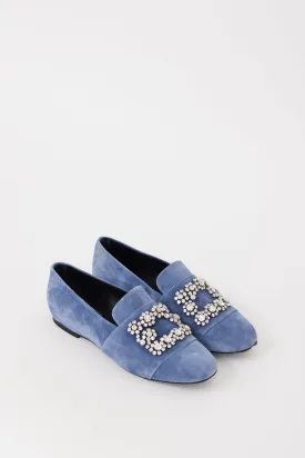 Blue Suede Flower Strass Jewel Loafer