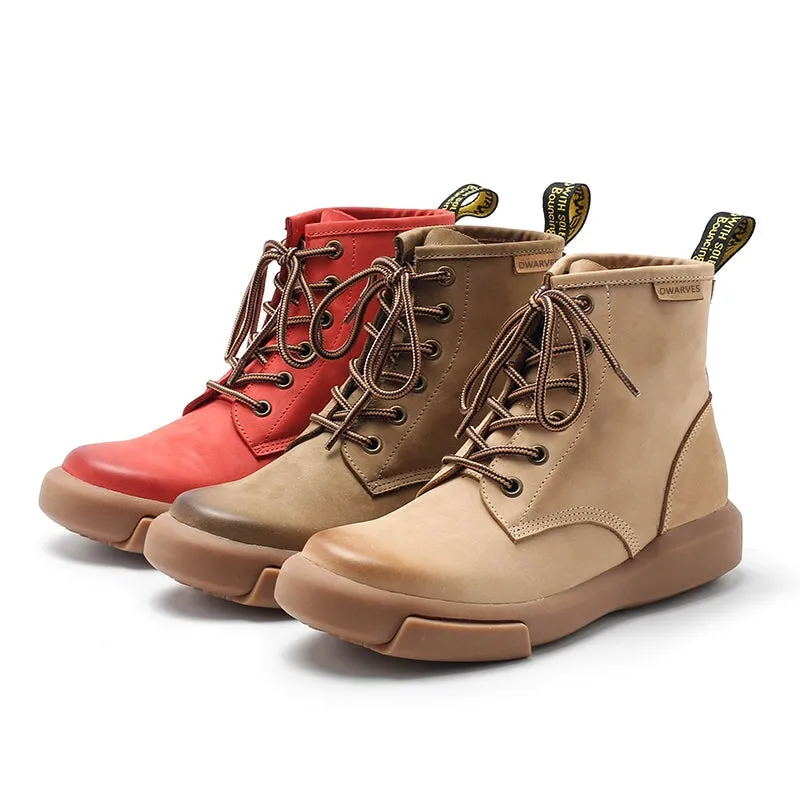 Designer Leather Short Boots Lace Up Combat Boots in Apricot/Khaki/Red