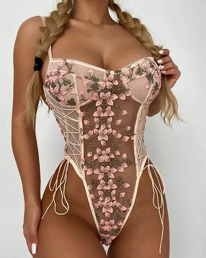 Floral Embroidery Lace-up Sheer Mesh Teddy