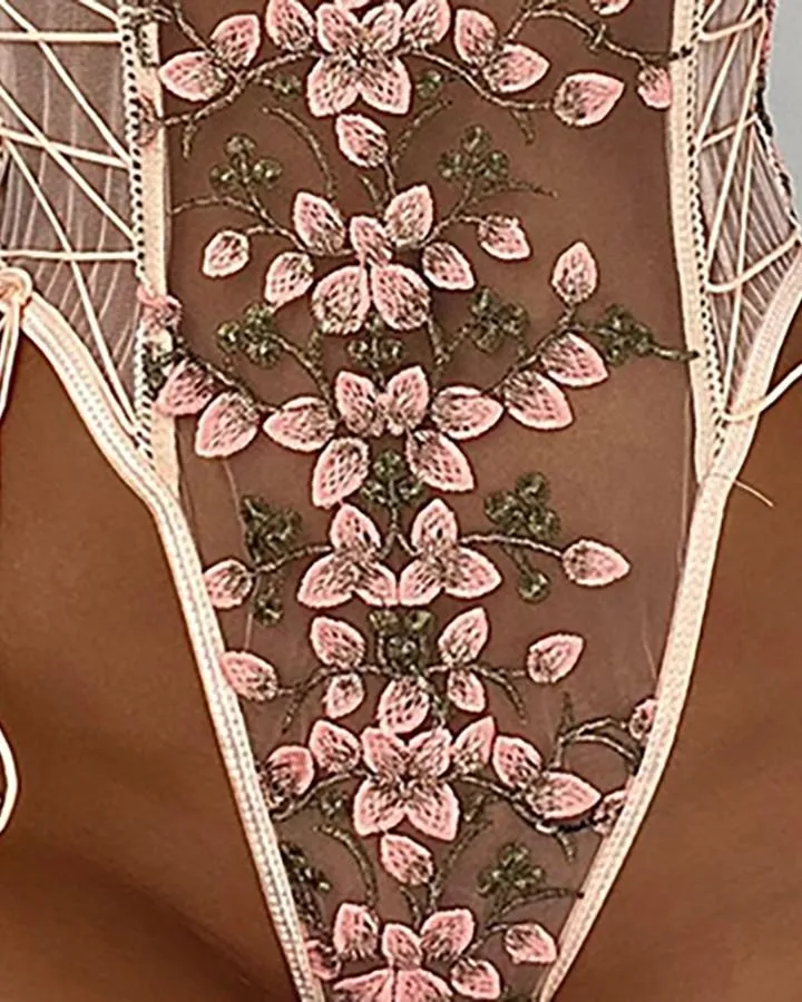 Floral Embroidery Lace-up Sheer Mesh Teddy